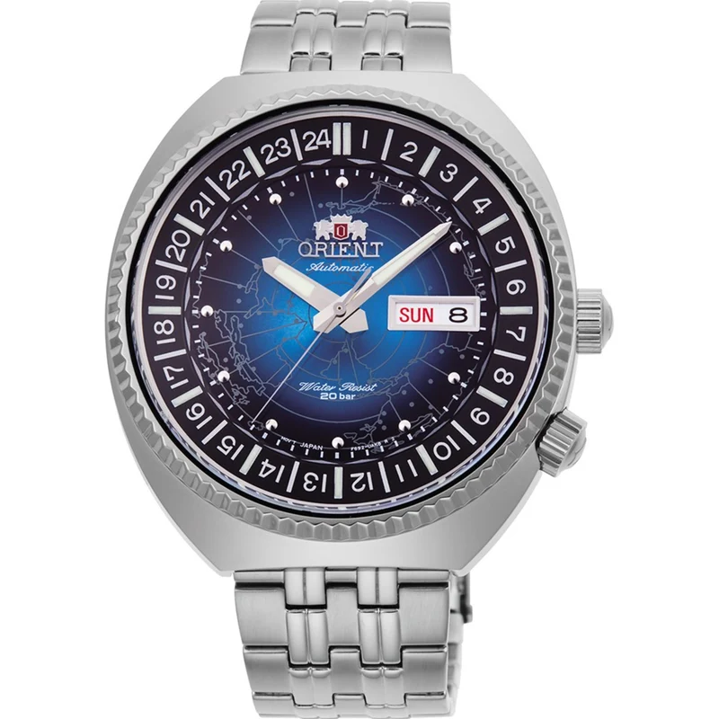 Orient World Map 43.5mm Revival Blue Dial Steel Mens Automatic Watch RA-AA0E03L19B
