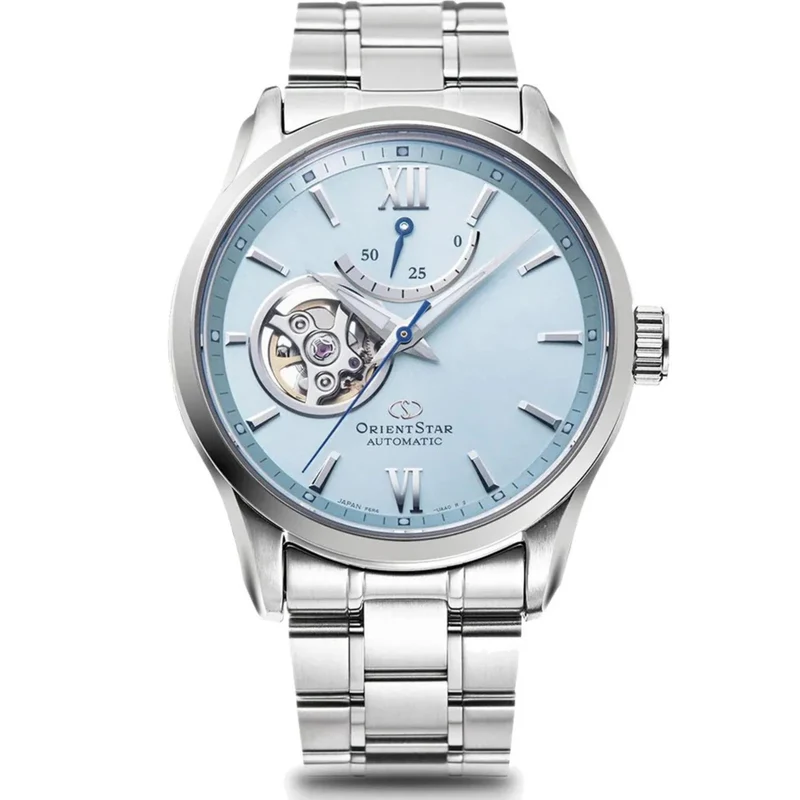 Orient Star Semi Skeleton 39mm Power Reserve Blue Dial Steel Mens Automatic Watch RE-AT0019L00B