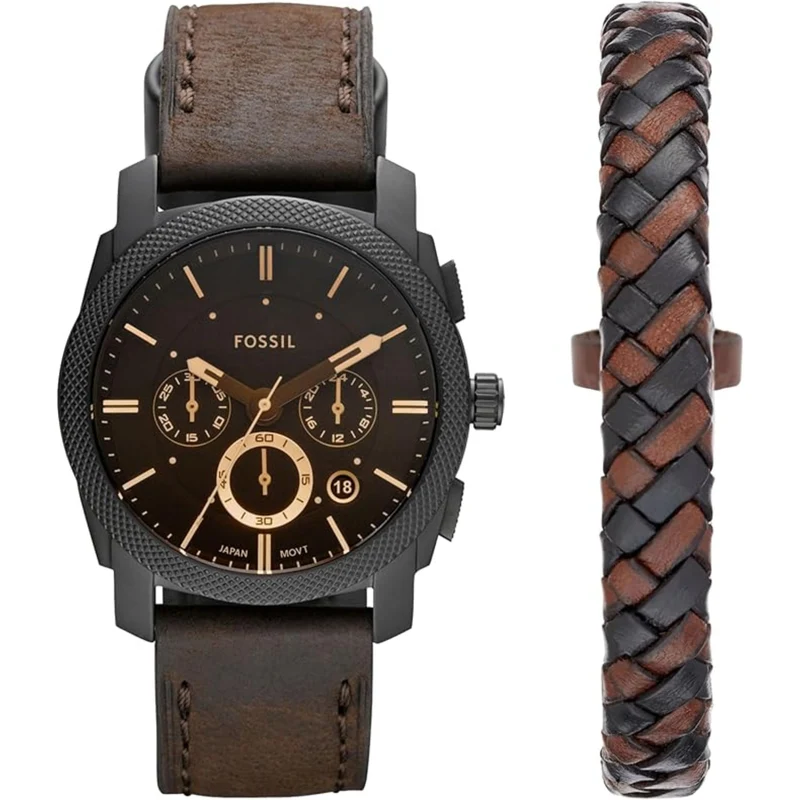 Fossil Machine 42mm Chronograph Black Dial Leather Mens Quartz Watch and Bracelet Box FS5251SET