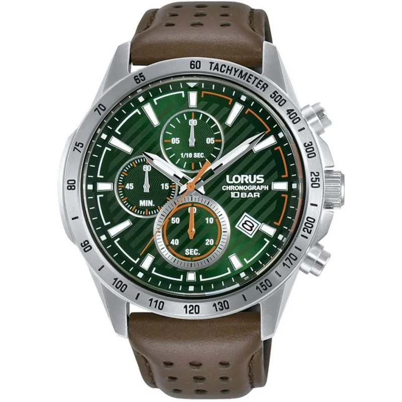 Lorus Chronograph Green Dial Brown Leather Strap Men's Watch RM303JX9