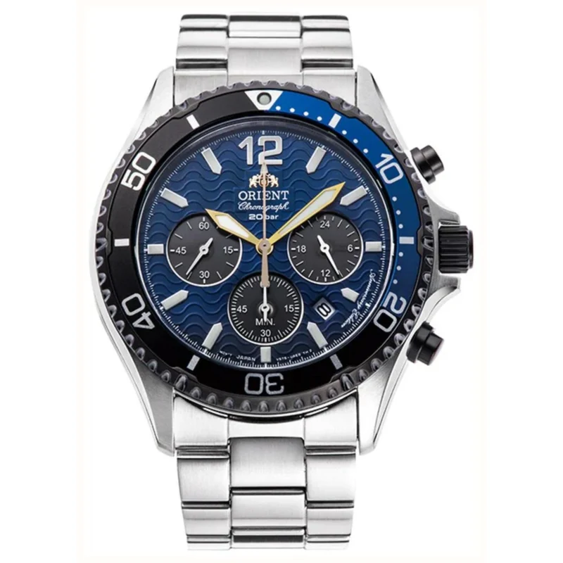 Orient Mako 42.8mm Chronograph 20th Anniversary Blue Dial Steel Mens Solar Watch RA-TX0208L10B