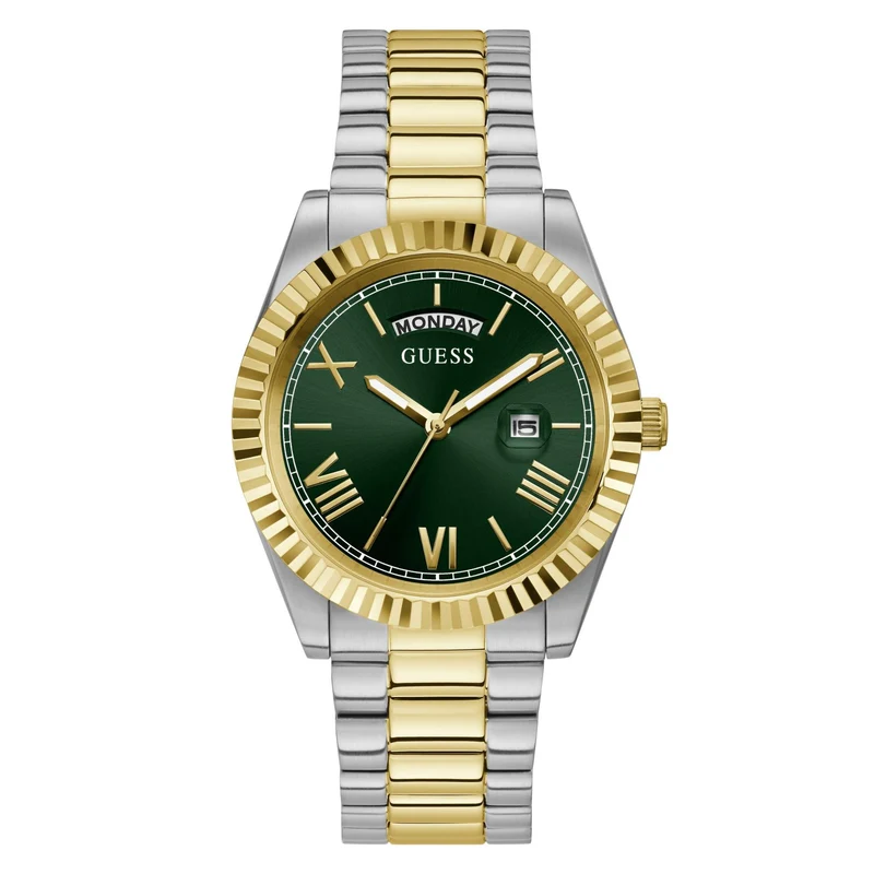 GUESS Men's Two-Tone Day/Date Green Dial Watch with Stainless Steel Strap GW0265G8