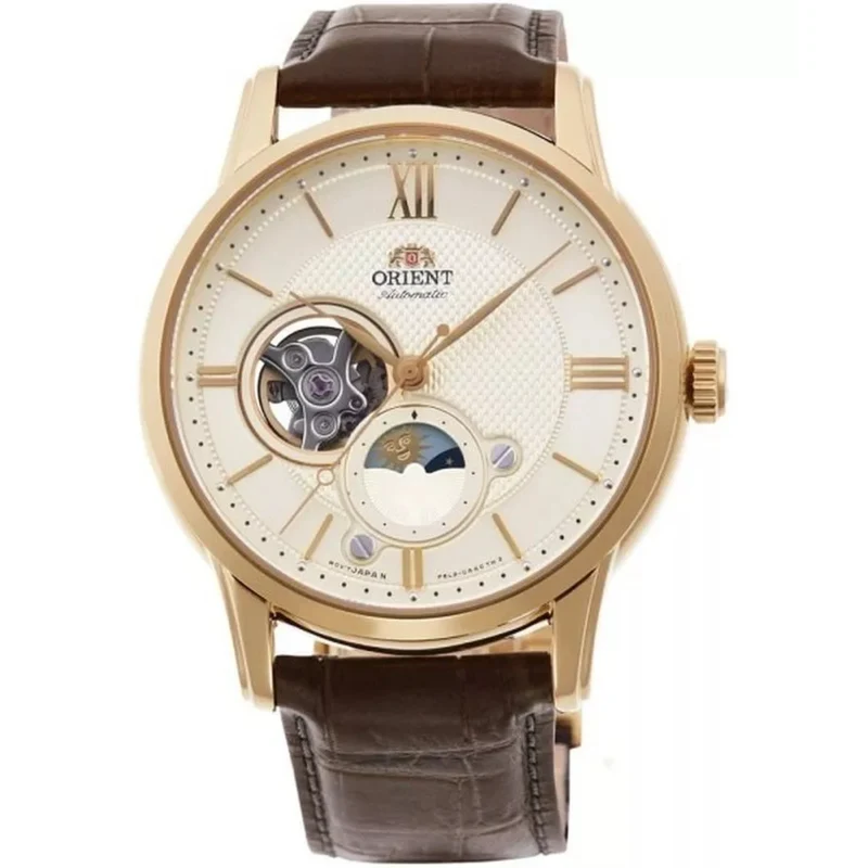 Orient Bambino 42mm Sun & Moon White Dial Leather Mens Automatic Watch RA-AS0010S30B