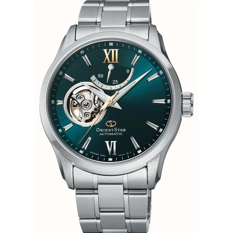 Orient Star Semi Skeleton 39mm Power Reserve Green Dial Steel Mens Automatic Watch RE-AT0002E00B-EX