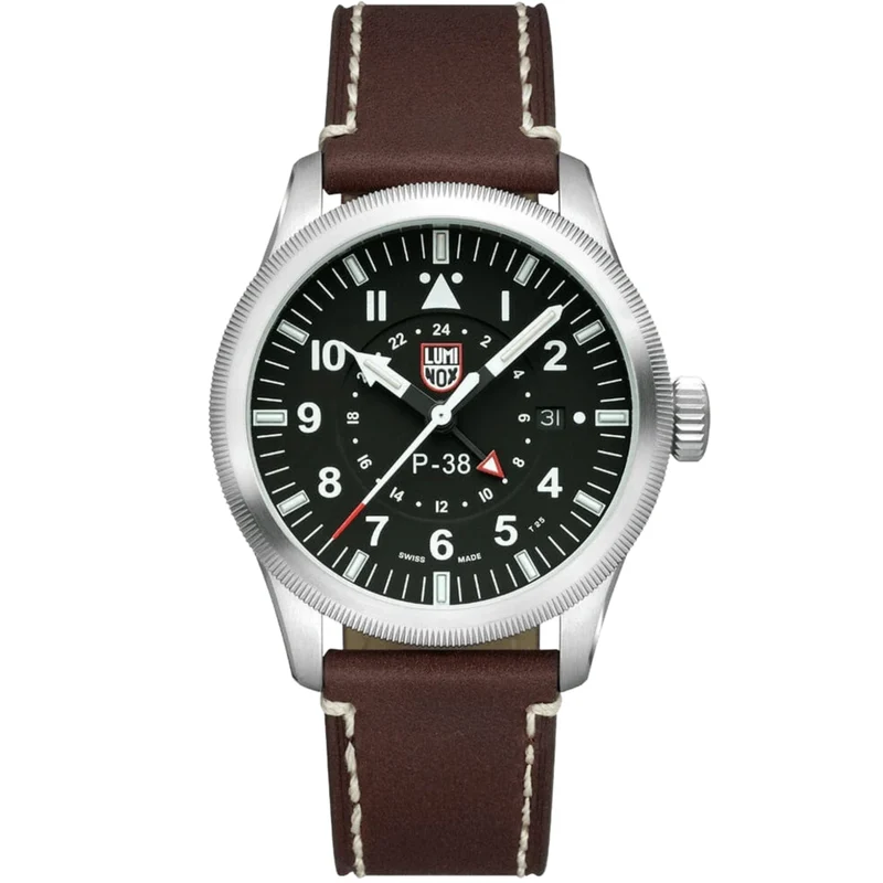 Luminox P-38 Lightning 'Air Pilot' 9520 Series 42mm Black Dial Leather Mens Quartz Watch XA.9521