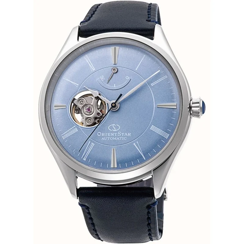 Orient Star Semi Skeleton 40mm Ex-Display Power Reserve Blue Dial Leather Mens Automatic Watch RE-AT0203L00B-EX
