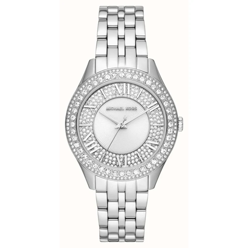 Michael Kors Harlowe Crystal-Embellished Silver-Tone Stainless Steel White Dial Ladies Watch MK4708
