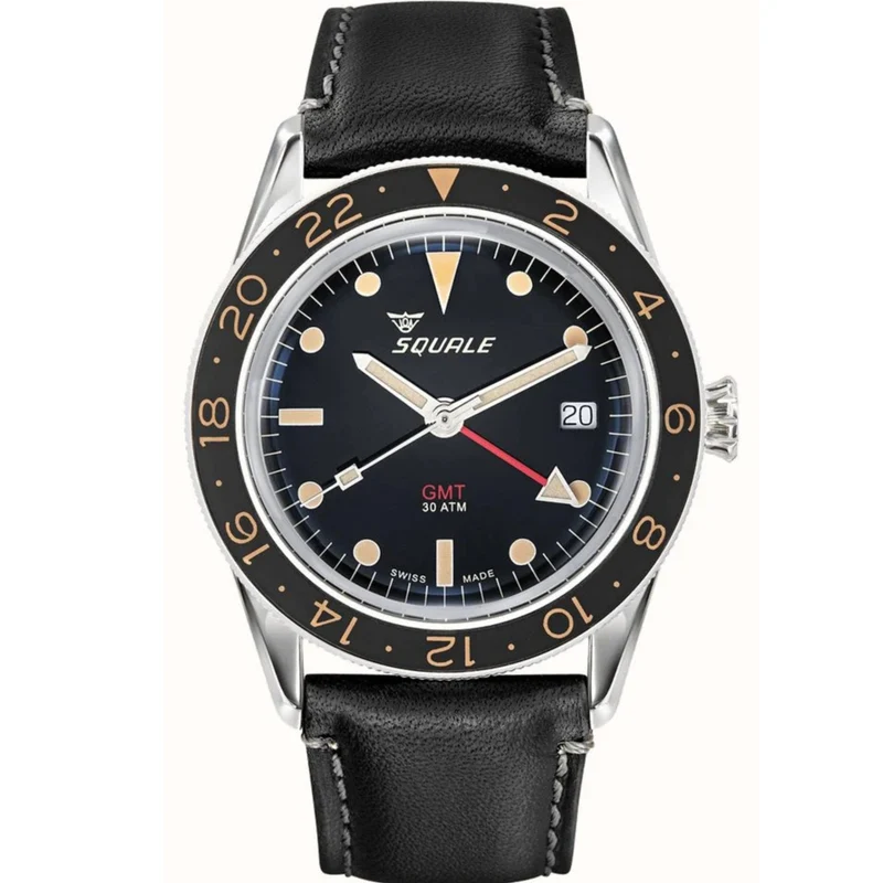 Squale Sub-39 GMT Vintage Automatic Black Dial Black Leather Strap Men's Watch SUB39GMTV.PN
