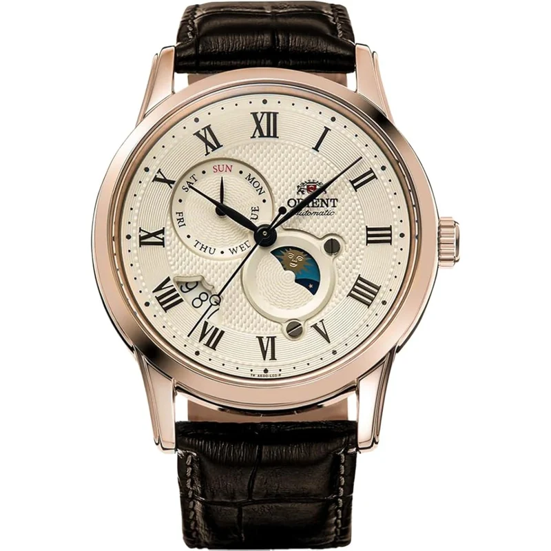 Orient Sun & Moon 42mm Ex-Display Champagne Dial Leather Mens Automatic Watch RA-AK0007S10B-EX