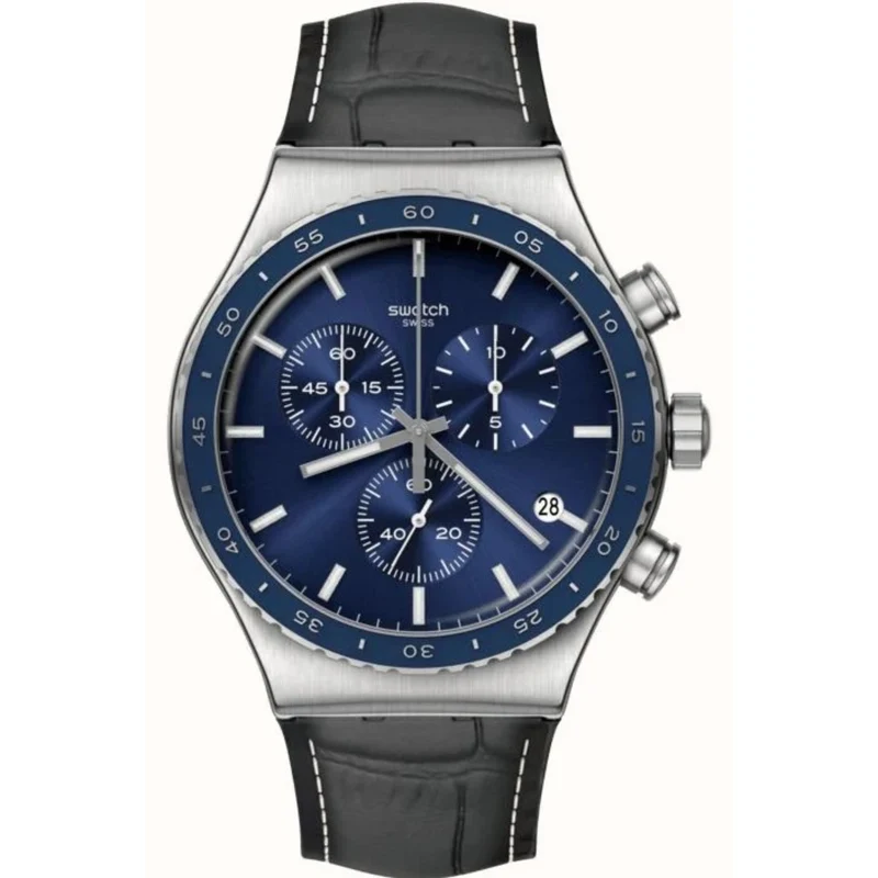 Swatch Cobalt Lagoon Chronograph Quartz Blue Dial Leather Watch YVS496