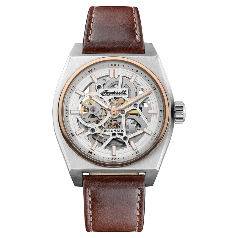 Ingersoll The Vert Automatic Silver Skeleton Dial Brown Leather Strap Men's Watch I14302