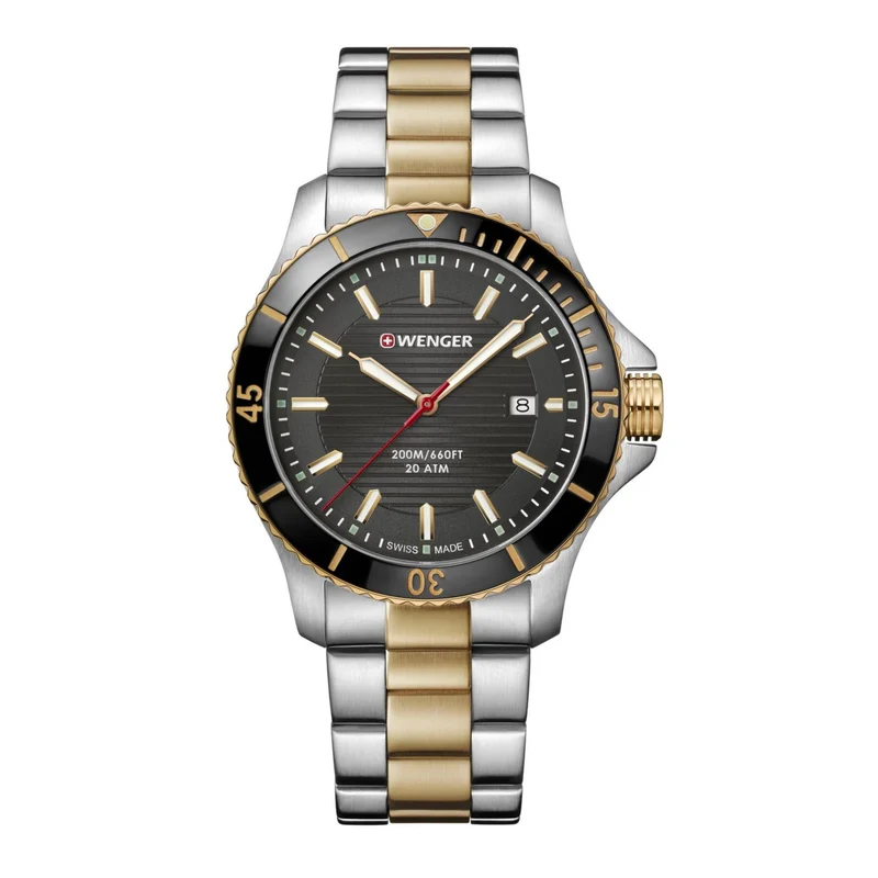 Wenger Seaforce Quartz Black Dial Silver and Gold Stainless Steel Bracelet Strap Men's Watch 01.0641.127