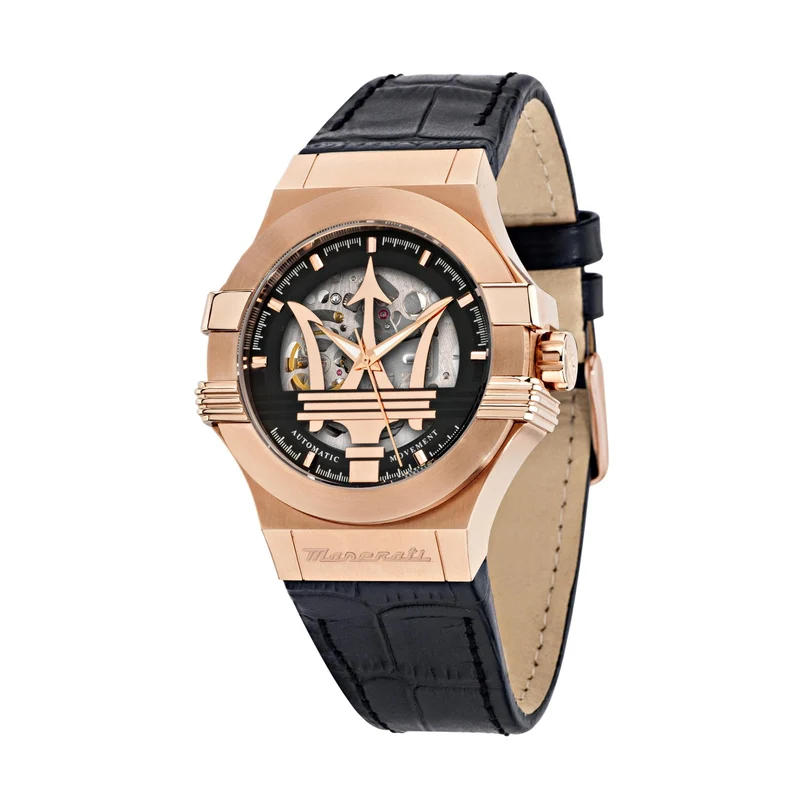 Maserati Potenza Quartz Skeleton Dial Black Leather Strap Men's Watch R8821108039