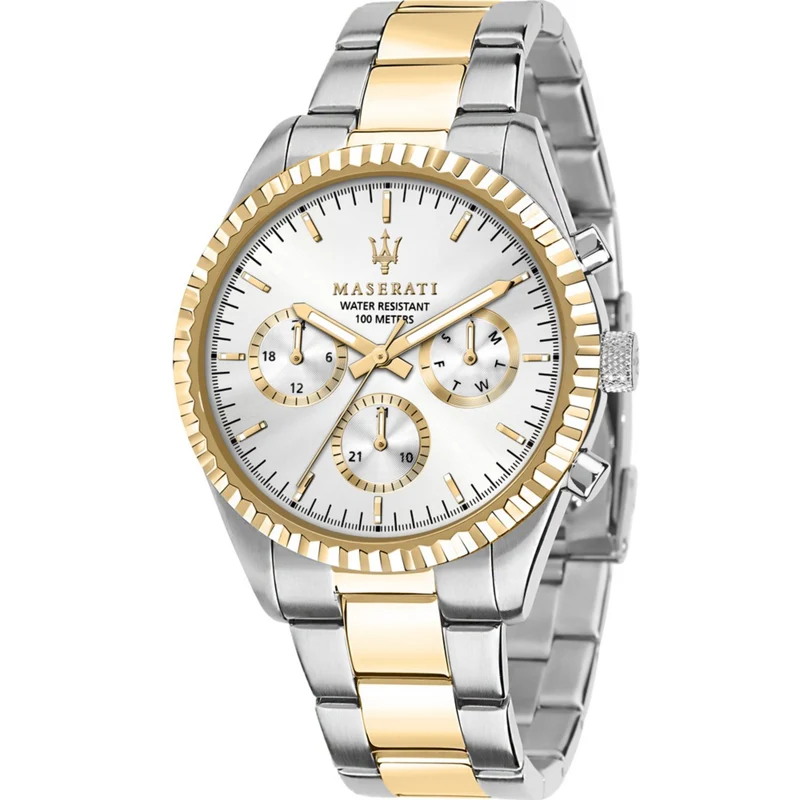 Maserati Competizione Quartz Silver Chronograph Dial Two Tone Steel Bracelet Men's Watch R8853100021