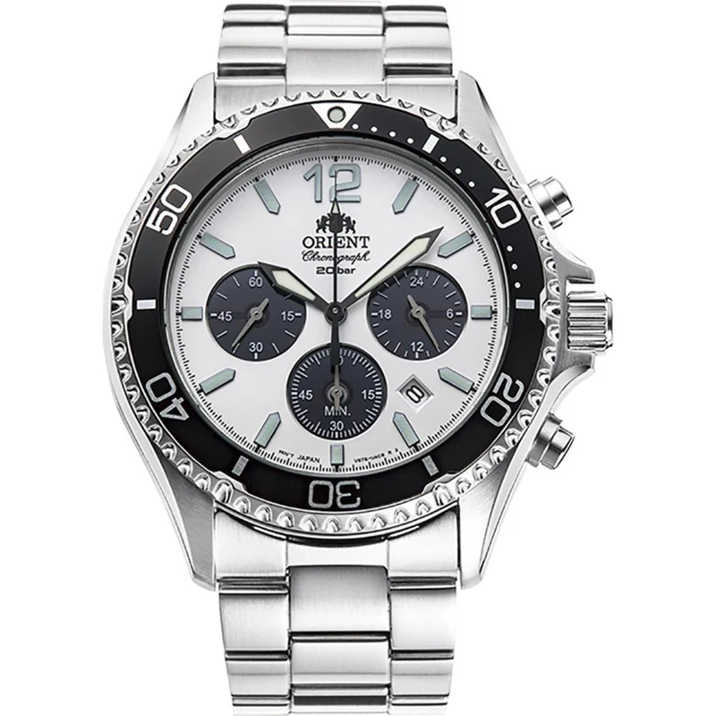 Orient Mako 43mm Chronograph White Dial Steel Mens Solar Watch RA-TX0203S10B