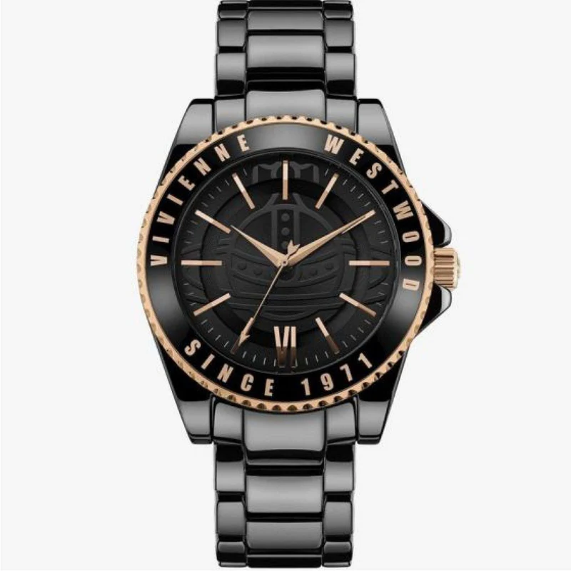 Vivienne Westwood Sloane Ladies Quartz Watch with Black Dial & Gloss Black Ceramic Bracelet VV048BKBK