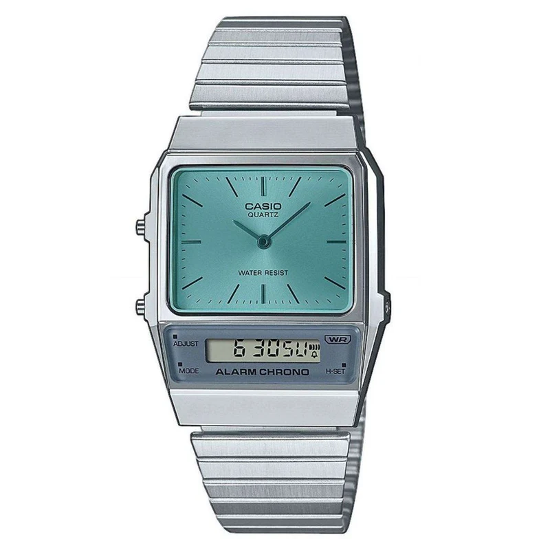 Casio Vintage Edgy Turquoise Dial Steel Strap Watch AQ-800EC-2AEF