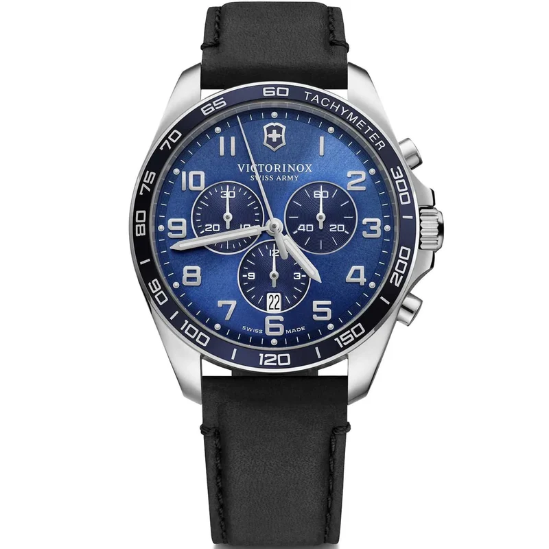 Victorinox FieldForce 42mm Chronograph Blue Dial Leather Mens Quartz Watch 241929