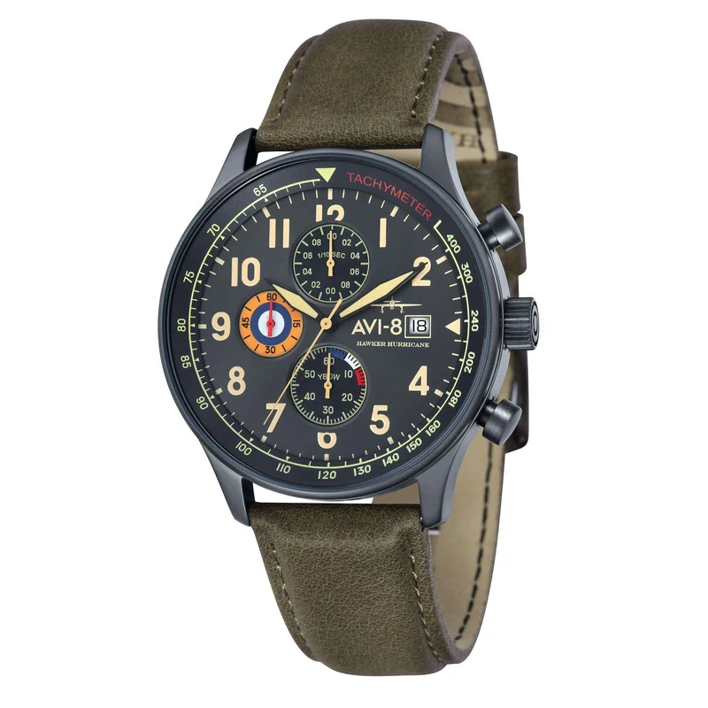 The AVI-8 Hawker Hurricane Classic Chronograph Black Dial Green Leather Strap Mens Watch AV-4011-0E