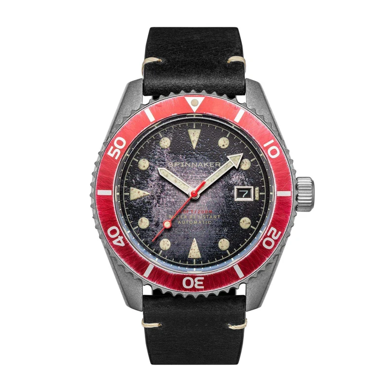 Spinnaker Wreck Distressed Black Dial Black Leather Strap Mens Watch SP-5089-01