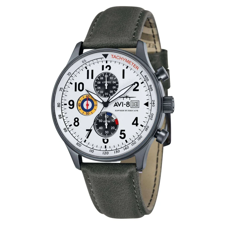 The AVI-8 Hawker Hurricane Classic Chronograph White Dial Grey Leather Strap Mens Watch AV-4011-0B