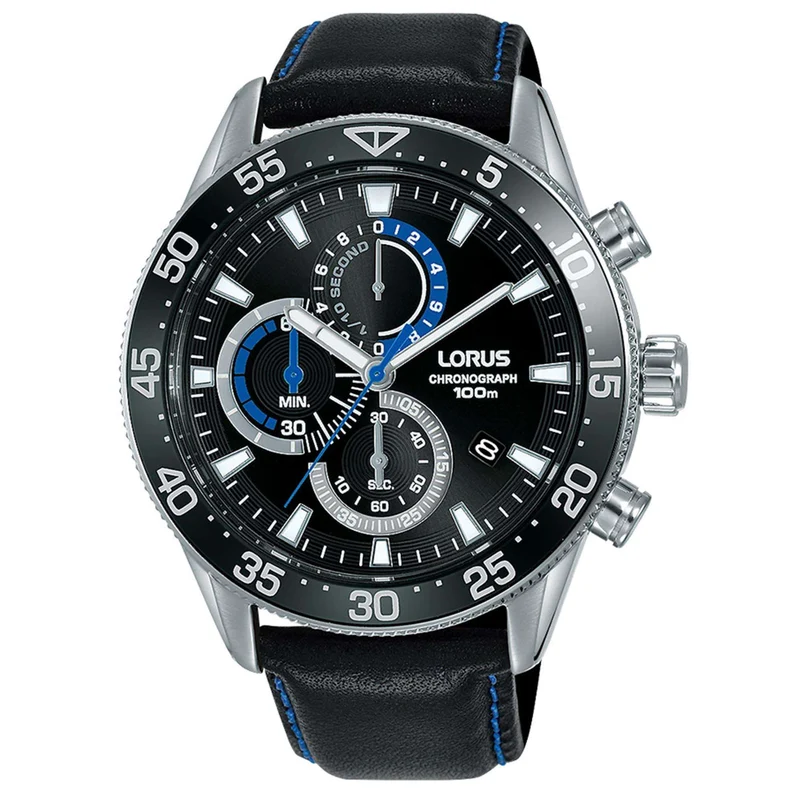 Lorus Sports Quartz Black Dial Black Leather Strap Men's Watch RM343FX9