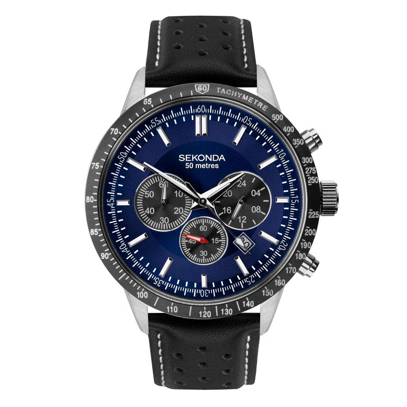 Sekonda Chronograph Quartz Blue Dial Black Strap Men's Watch 1971