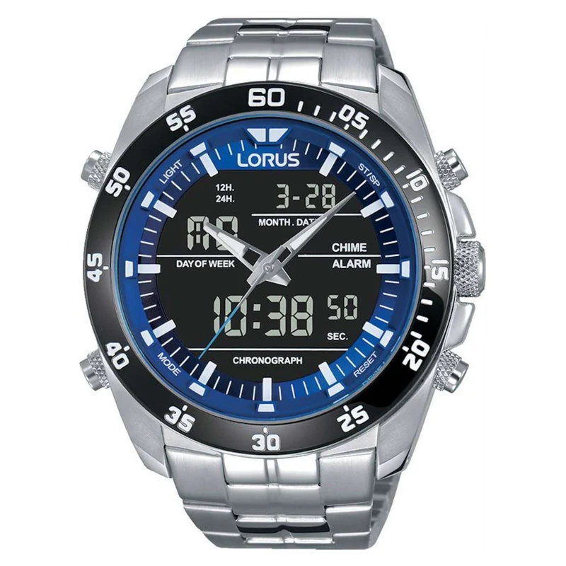 Lorus Sports Duo-Display Quartz Black Dial Stainless Steel Bracelet Men's Watch RW629AX5