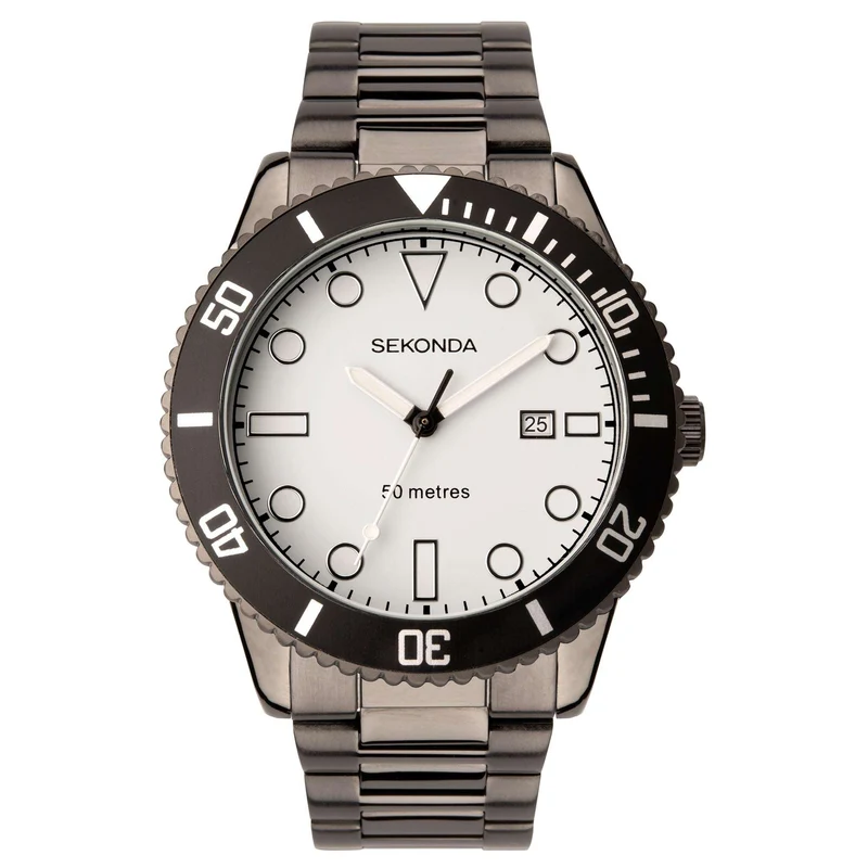Sekonda Sports Quartz White Dial Gun Metal Grey IP Steel Bracelet Men's Watch 1987