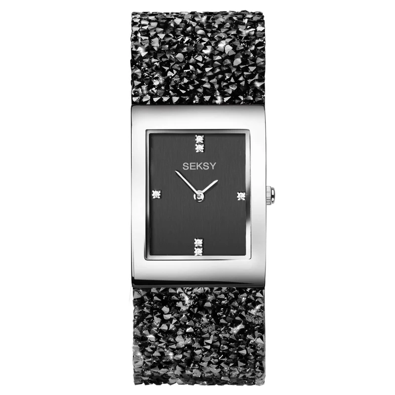 Seksy Dress Quartz Black Dial Silver PVD Brass Bracelet Ladies Watch 2573
