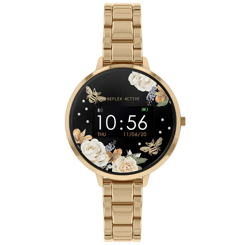 Reflex Active Series 03 Quartz Black Floral Gold PVD Stainless Steel Bracelet Ladies Smartwatch RA03-4008