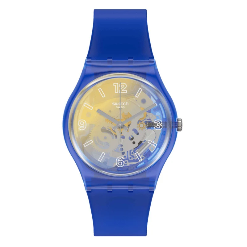 Swatch Yellow Disco Fever Quartz Multi Tonal Dial Blue Silicone Strap Watch GE278