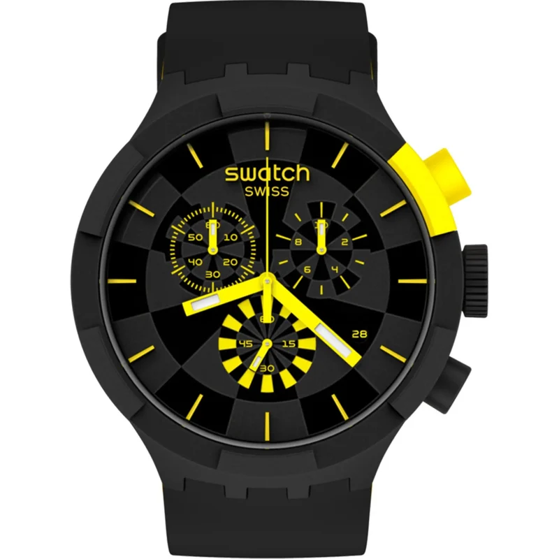 Swatch Big Bold Chrono Checkpoint Yellow Quartz Movement Black Dial Silicone Strap Watch SB02B403
