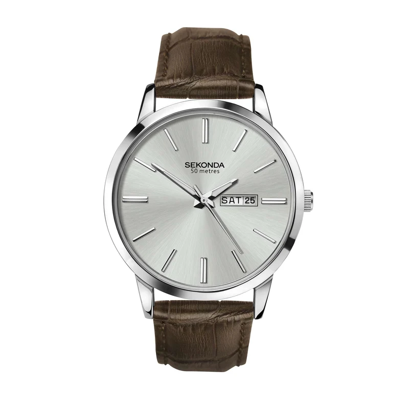Sekonda Classic Quartz Silver Dial Brown Leather Strap Men’s Watch 1661