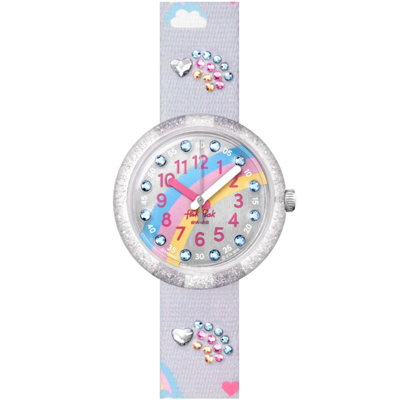 Flik Flak Shine Bright Over The Rainbow Quartz Movement Grey Dial Plastic Bracelet Kids Watch FPNP072