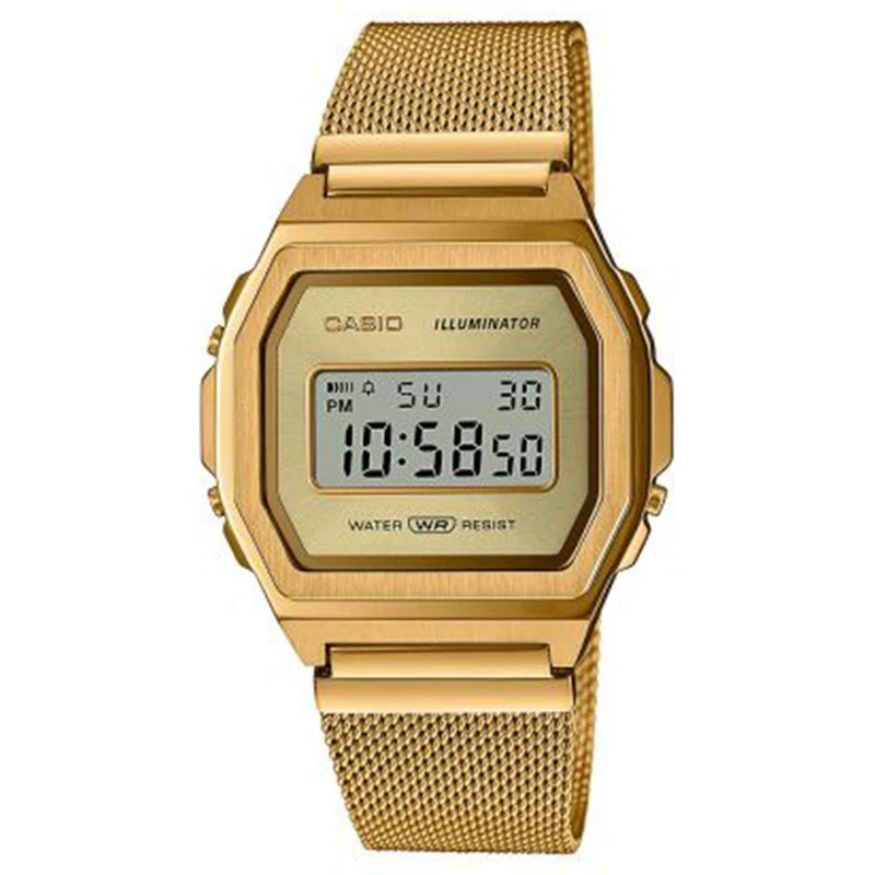 Casio Vintage Quartz Digital Gold Milanese Stainless Steel Bracelet Watch A1000MG-9EF