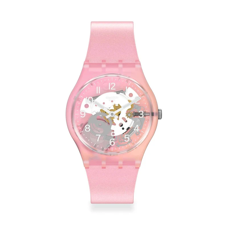 Swatch 'Skydawn' Quartz Pink Dial Pink Silicone Strap Watch GP173