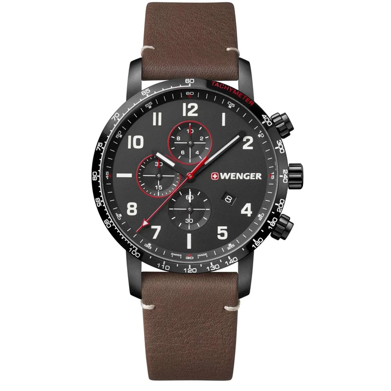 Wenger Attitude Quartz Black Dial Brown Leather Strap Chronograph Men’s Watch 01.1543.107