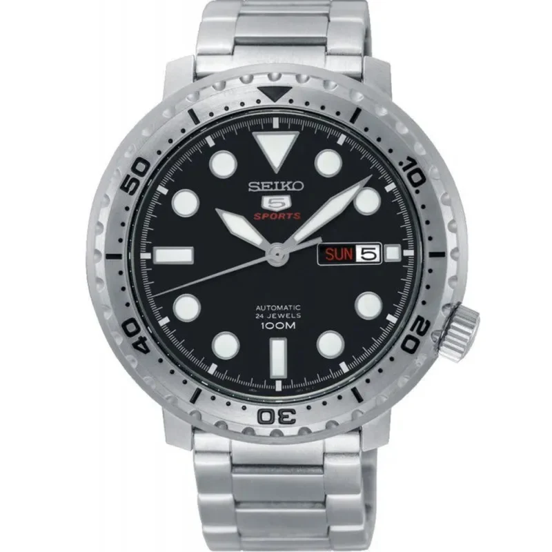 Seiko 5 Sports Bottle Cap Silver Stainless Steel Black Dial Automatic Men's Watch SRPC61K1