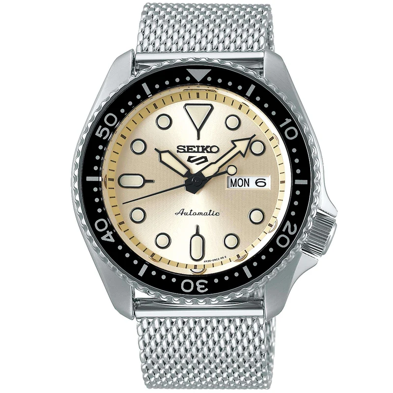 Seiko 5 Sports Automatic Cream Dial Mesh Bracelet Men's Watch SRPE75K1