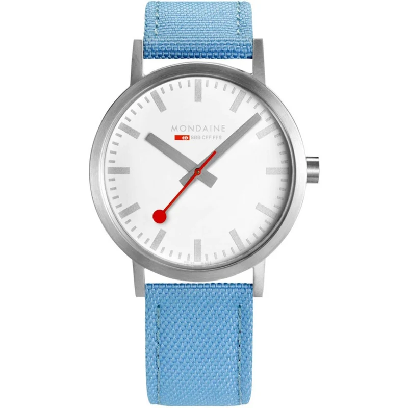Mondaine Classic Quartz White Dial Aqua Blue Textile Strap Watch A660.30360.17SBQ