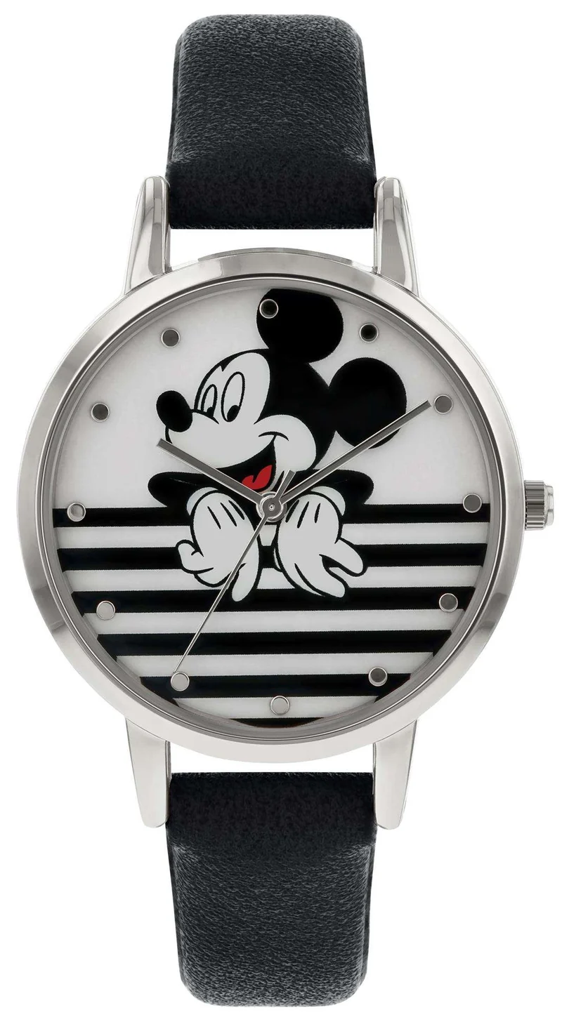 Disney Mickey Mouse Quartz Silver Steel Black Leather Watch MK5089