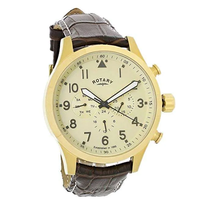 Rotary Gold Coloured Stainless Steel Case Brown Leather Strap Men's Watch GS00419/31 48mm