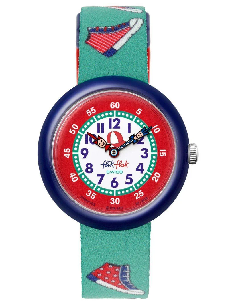Flik Flak Sneaky Blue Plastic Case Green Textile Strap Kids Boys Shoes Watch FBNP103 32mm