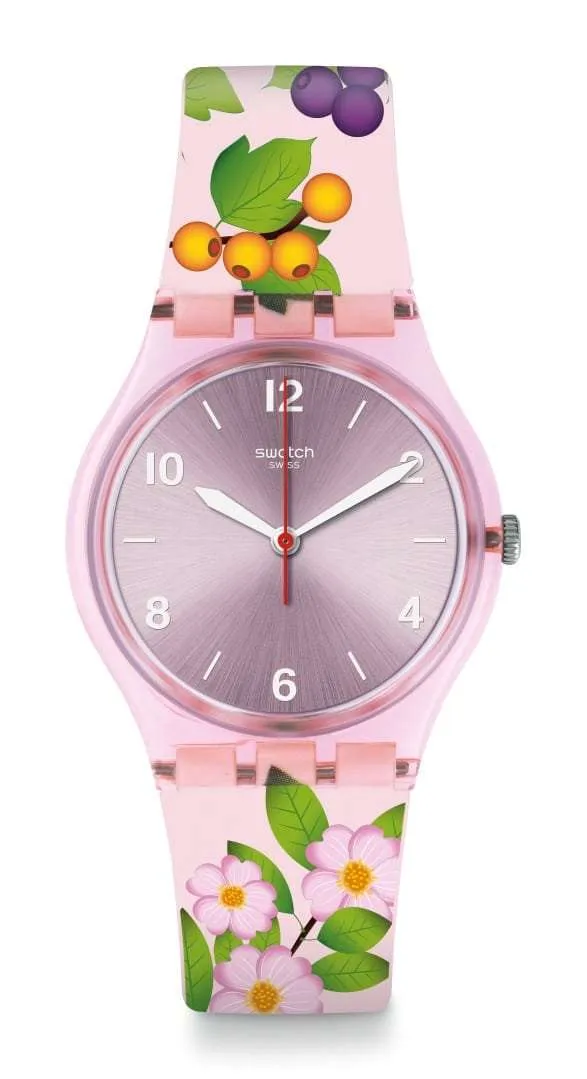 Swatch Merry Berry Pink Plastic Case Pink Silicone Strap Purple Dial Girls Watch GP150