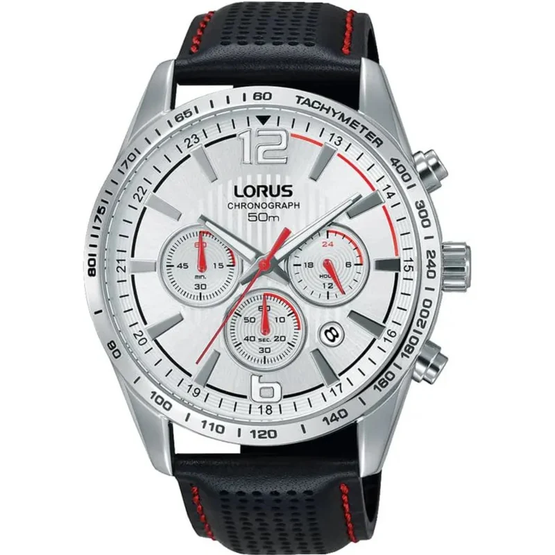 Lorus Sports Black With Red Stitch Leather White Dial Men's Chronograph Watch RT391FX9