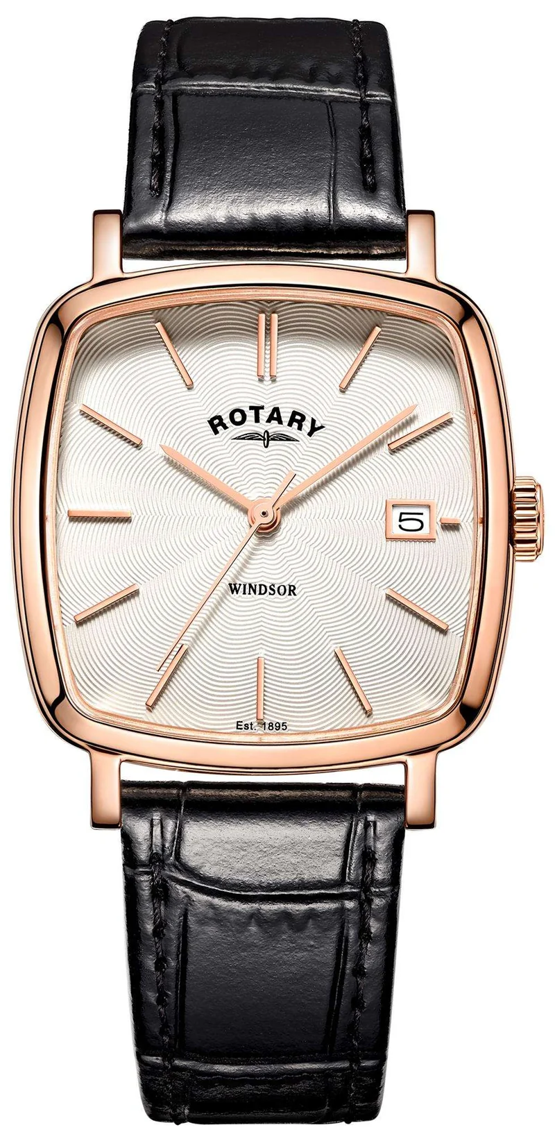 Rotary Windsor Rose Gold Brown Leather Strap Men’s Cushion Watch