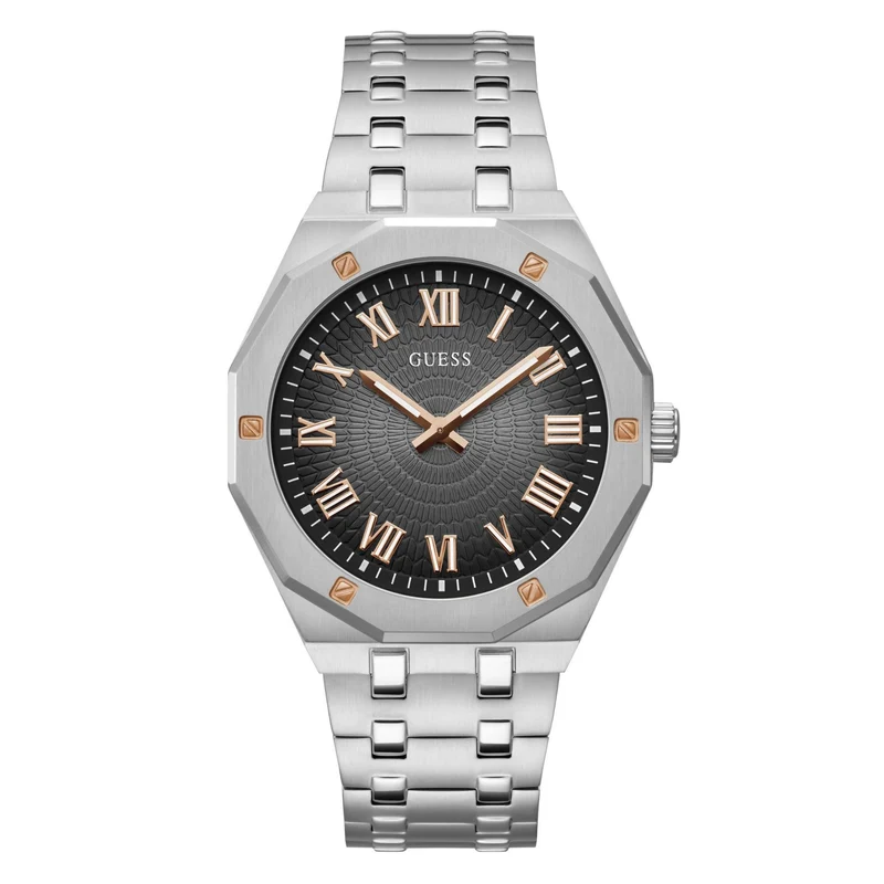 GUESS Silver-Tone Analog Black Dial Steel Strap Men's Watch GW0575G1