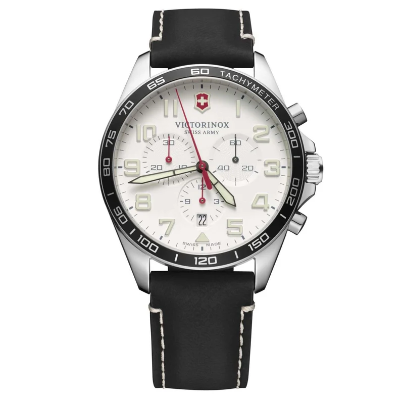 Victorinox Swiss Army Fieldforce Chronograph White Dial Black Leather Strap Mens Watch 241853