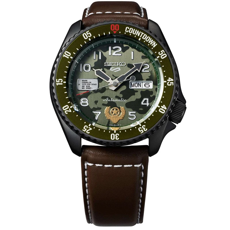 Seiko 5 Sports Street Fighter Guile Camouflage Dial Leather Strap Men's Watch SRPF21K1